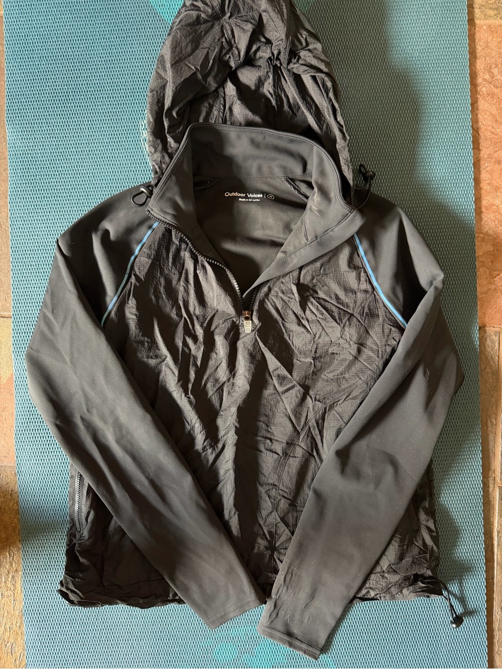 Outdoor Voices Black Hooded Half-Zip with Blue Piping